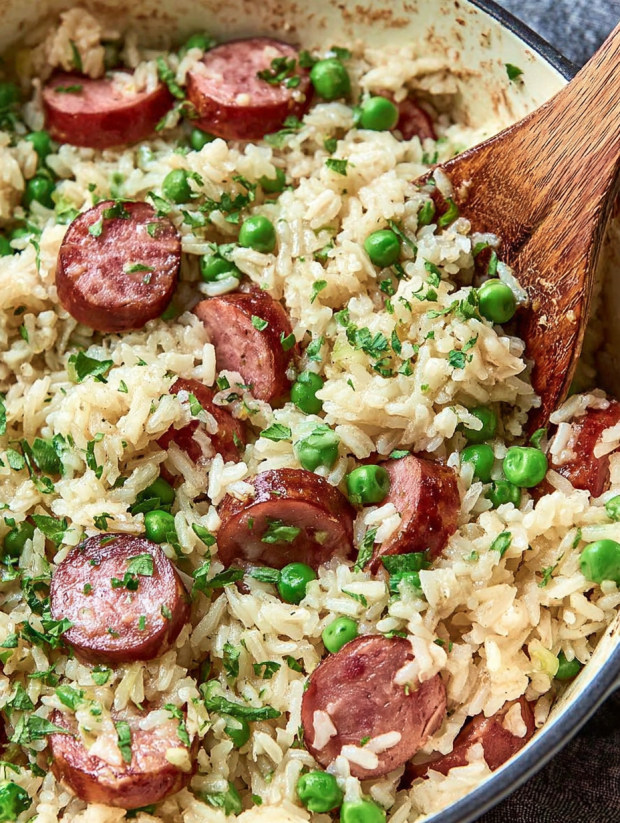 A skillet of rice and sausage.