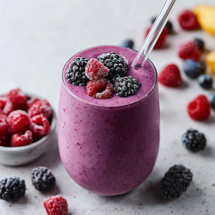 A glass of a 46g protein smoothie with berries and raspberries.