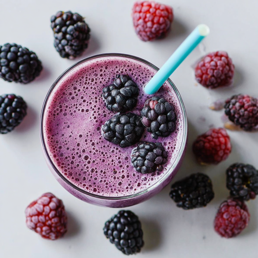 A glass of blueberry smoothie with a blue straw.