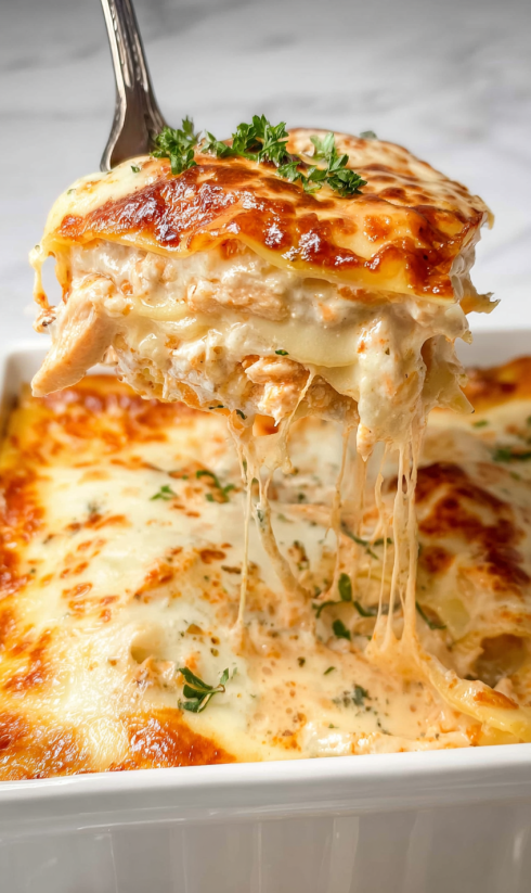 A slice of blackened chicken Alfredo lasagna roll ups.