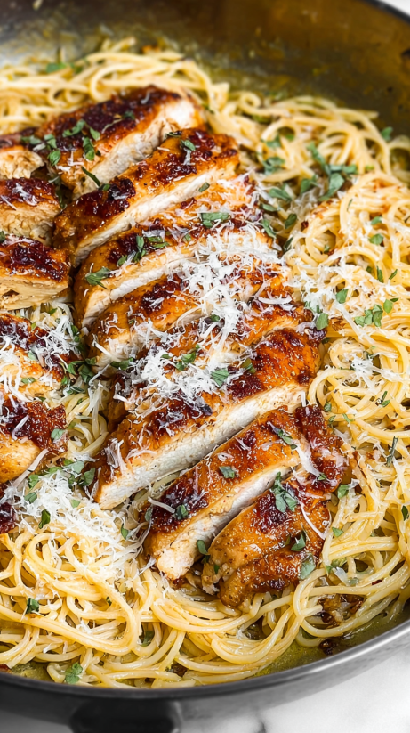 A dish of chicken and pasta with Parmesan cheese.