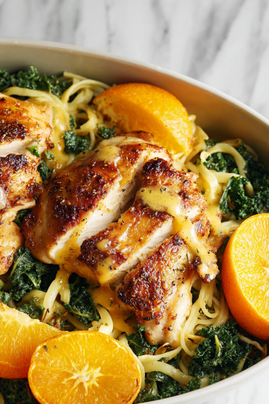 A plate of chicken linguini with a slice of orange on top.