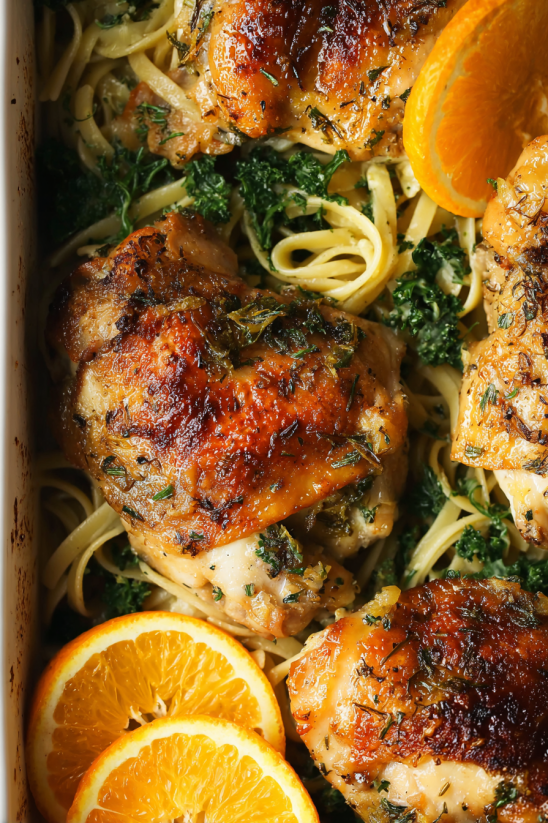 A dish of oven baked chicken linguini.