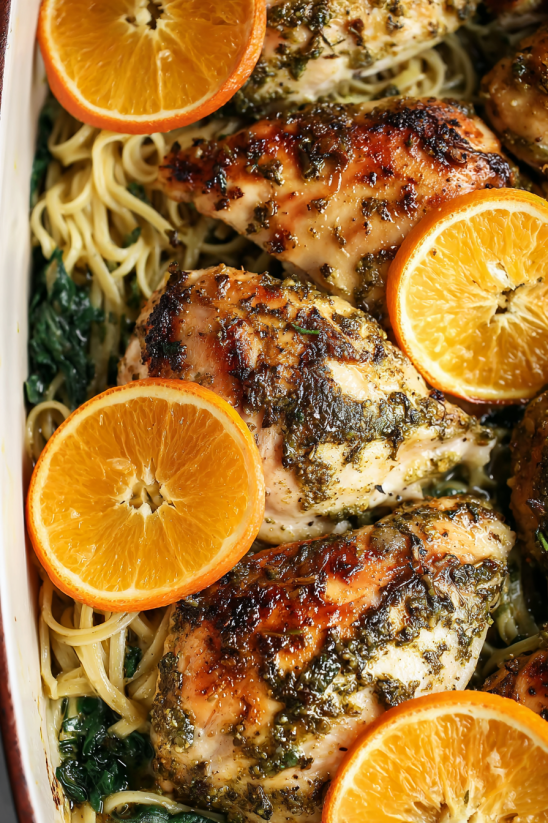 Oven baked chicken linguini with oranges.