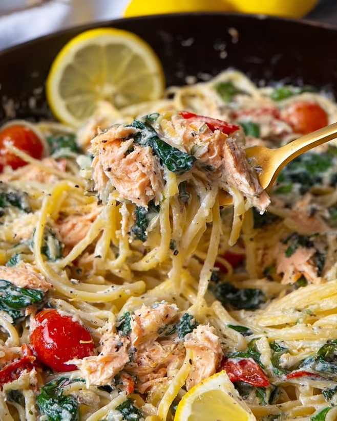 A fork is being used to eat a dish of pasta with salmon and tomatoes.