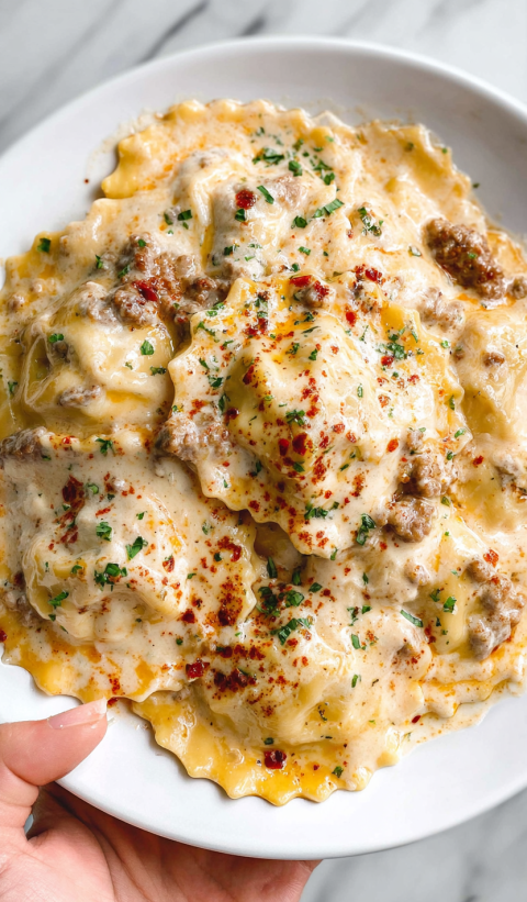 A plate of food with a sausage Alfredo Ravioli Lasagna.