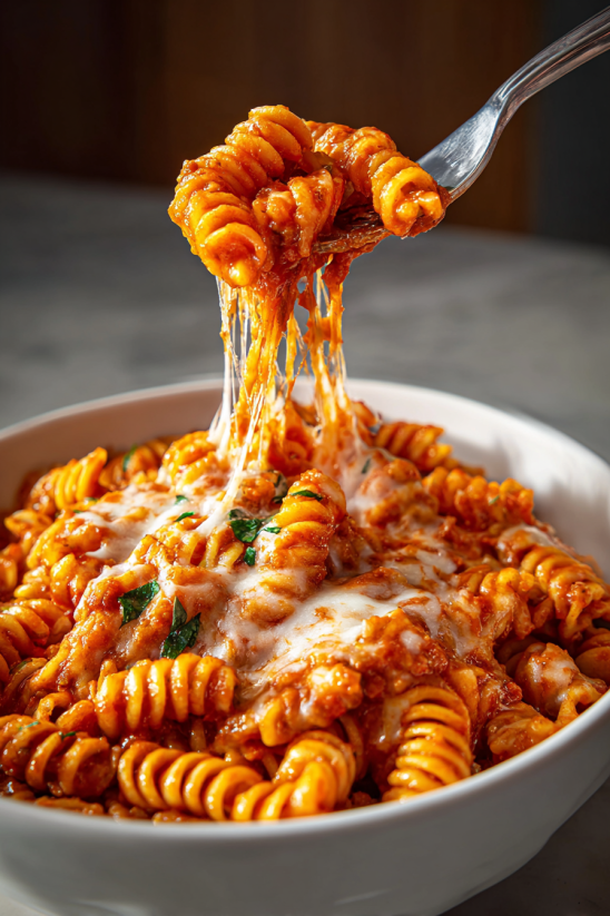 A bowl of pasta with cheese and spinach.