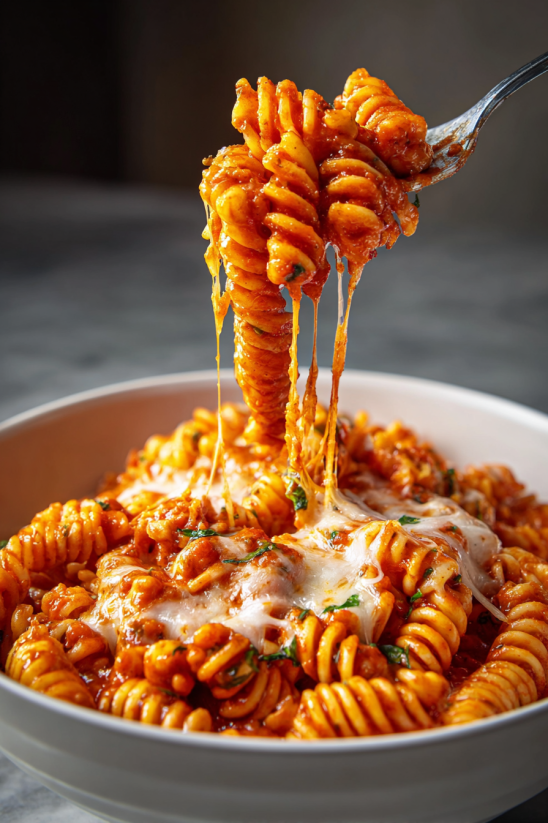 A bowl of pasta with cheese and spinach.