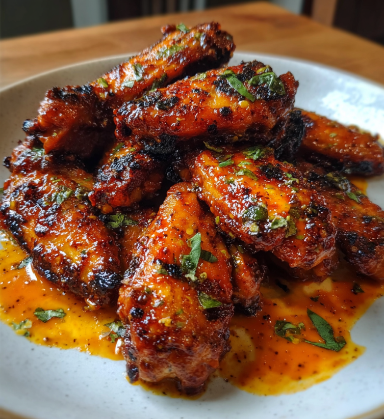 A plate of chicken wings with a spicy sauce.