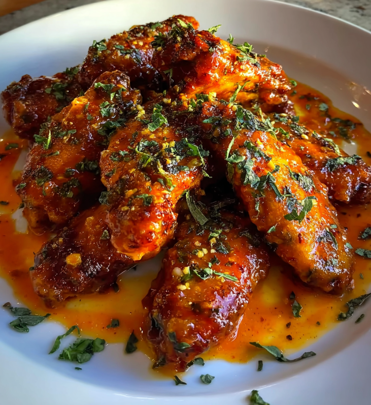 A plate of chicken wings with a spicy sauce.