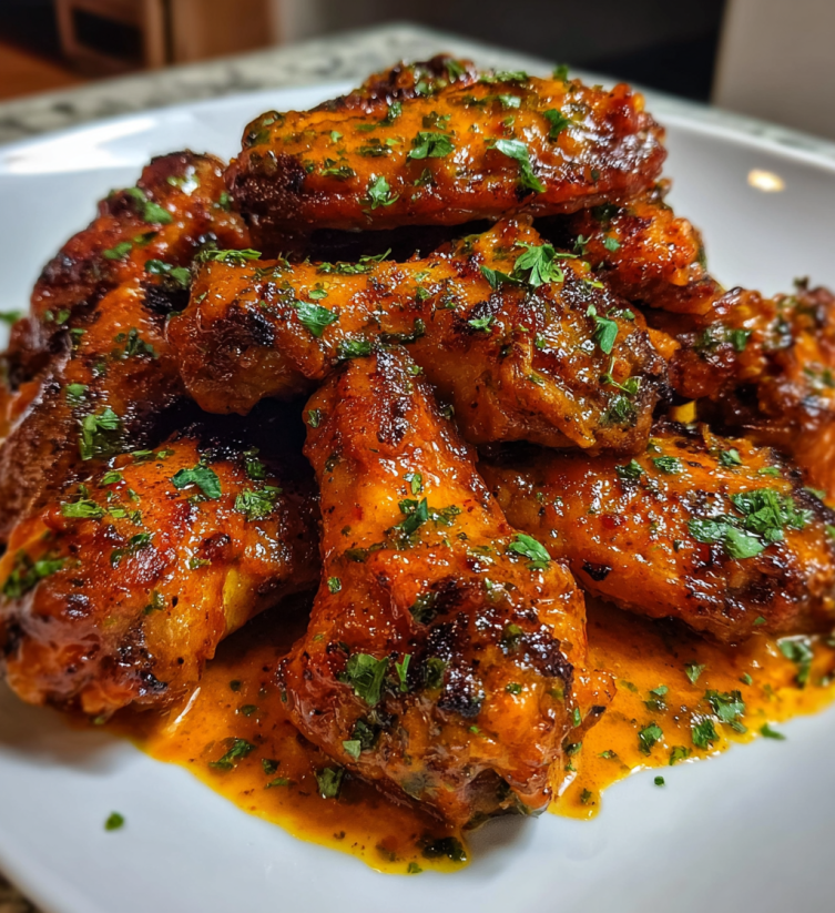 A plate of chicken wings with sauce on it.