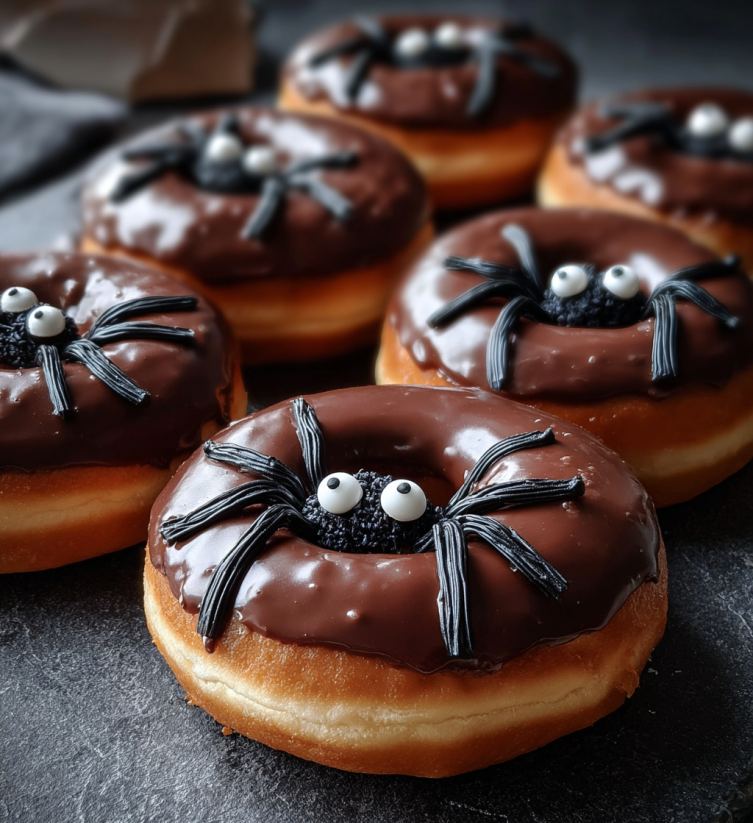 Spider donuts with chocolate frosting.