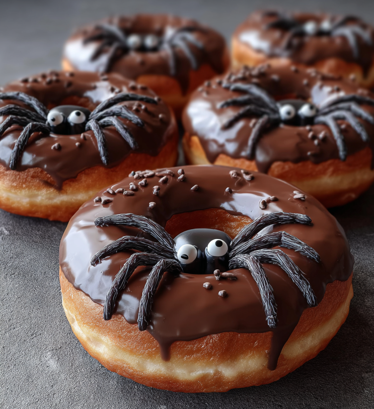 Chocolate donuts with spider webs and spiders on top.