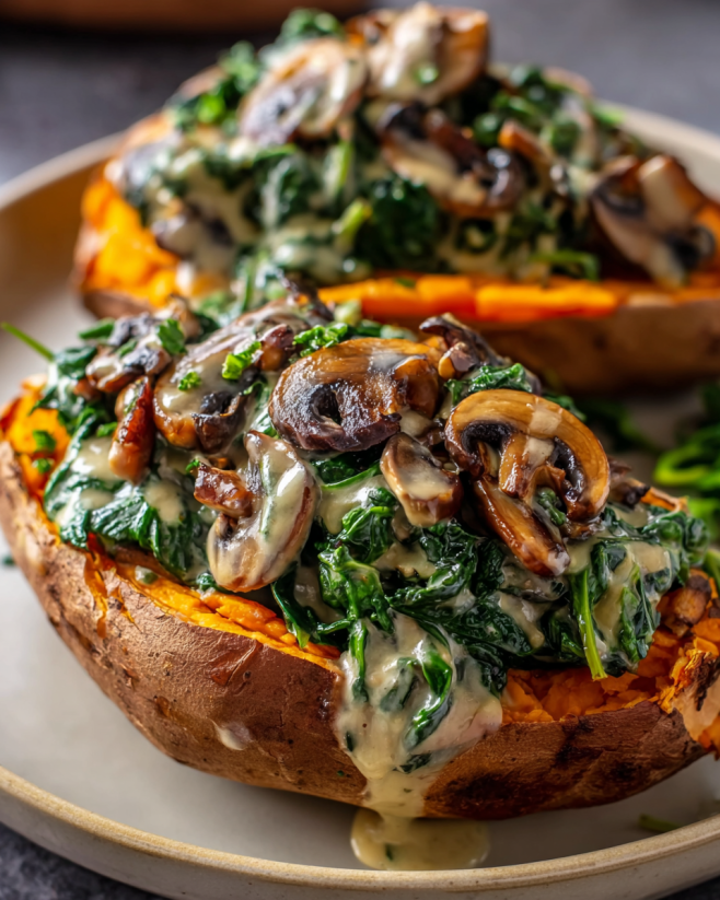 Two sweet potatoes filled with mushrooms and spinach.