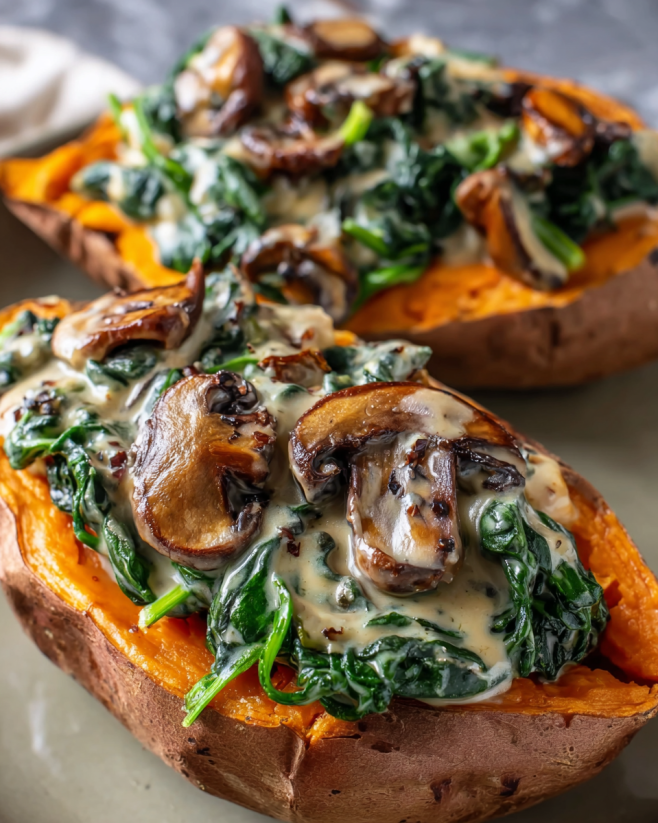 Sweet potatoes with mushrooms and spinach.