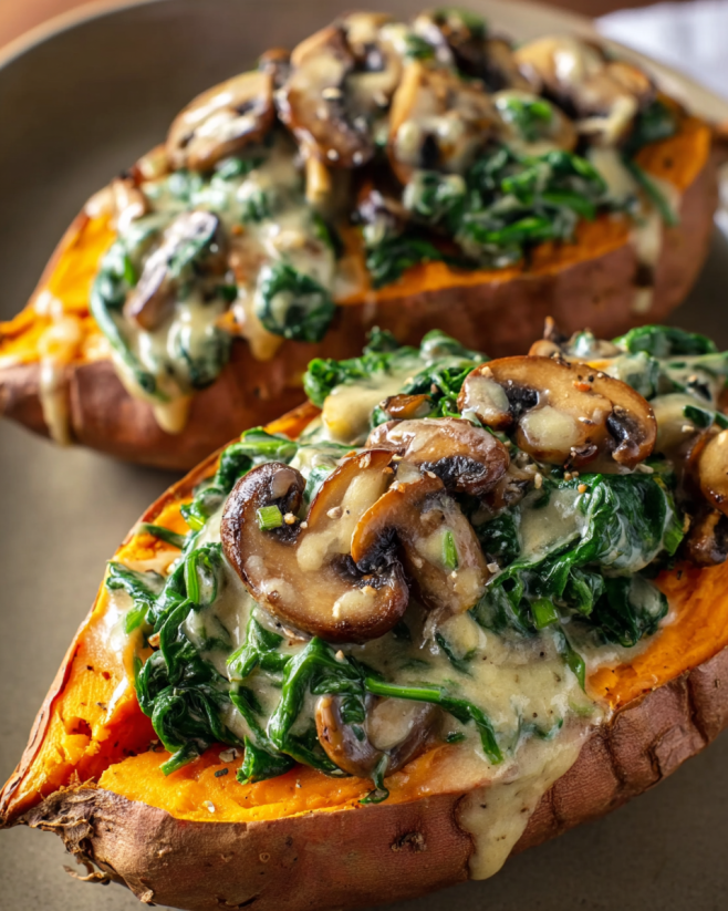 Two sweet potatoes stuffed with mushrooms and spinach.
