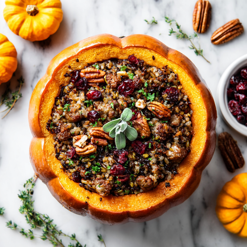 A pumpkin filled with wild rice and sausage.