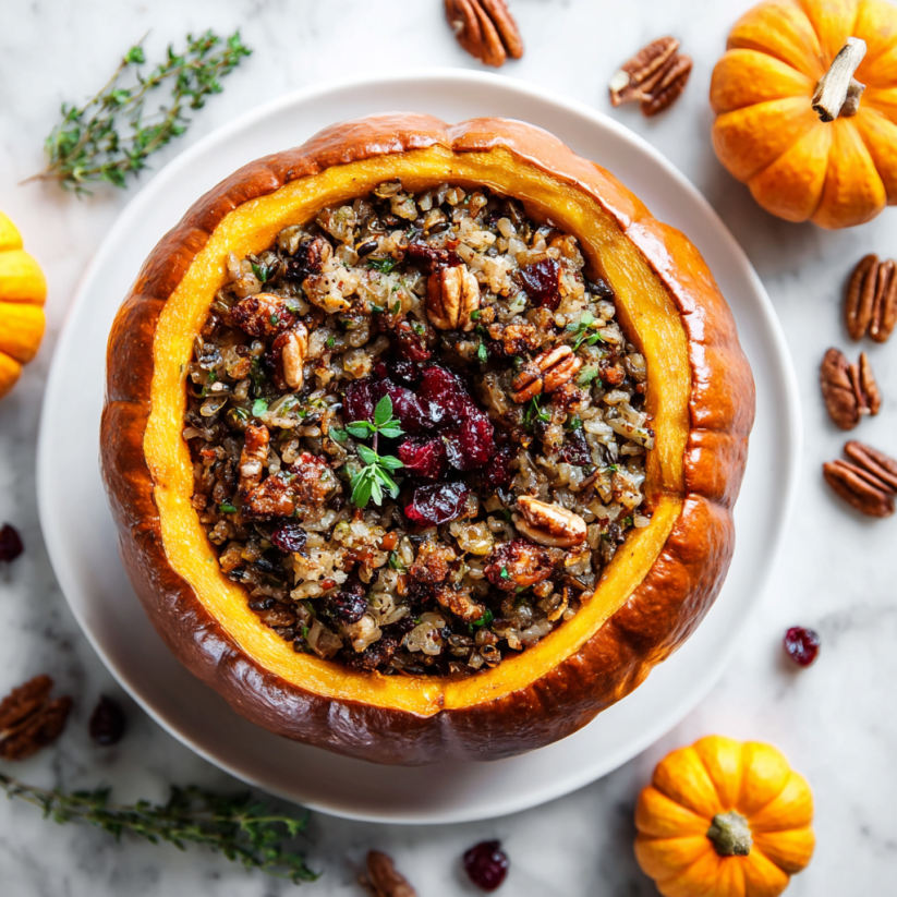 A pumpkin is filled with rice and sausage.