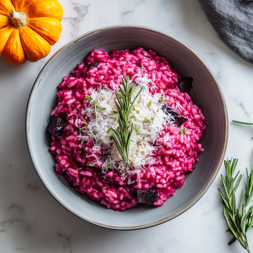 A bowl of red beet risotto with white cheese and herbs.