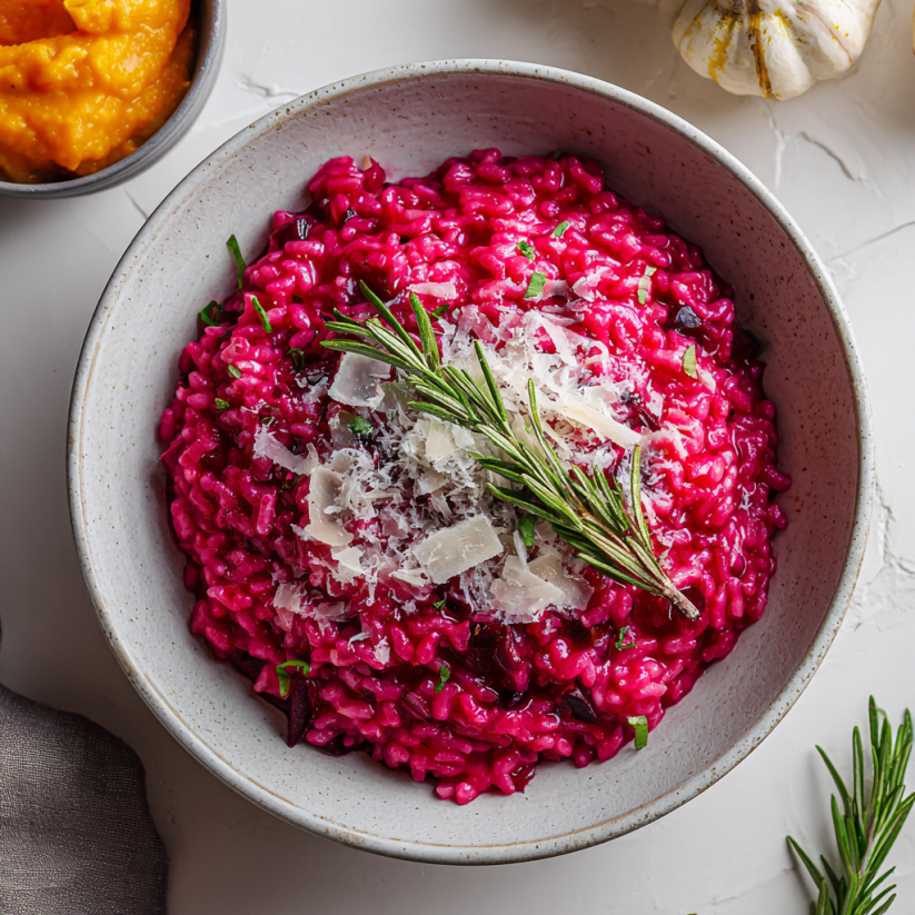 A bowl of red beet risotto with a sprig of thyme on top.