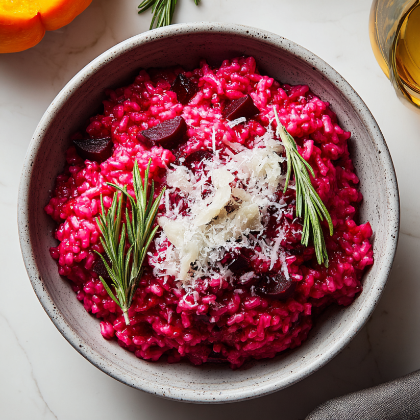 A bowl of red beet risotto with white cheese on top.