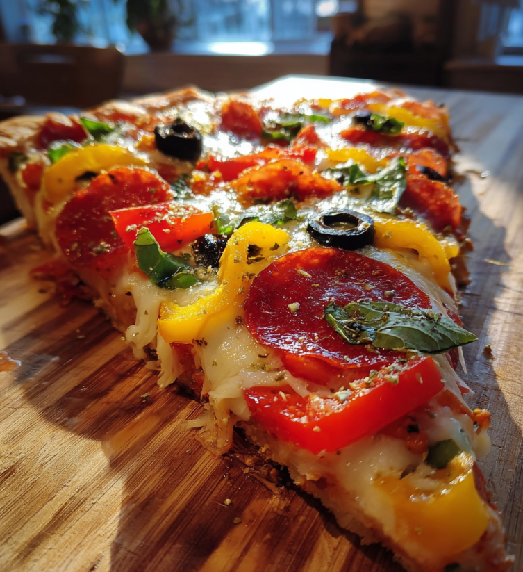 A pizza with various toppings on a wooden table.