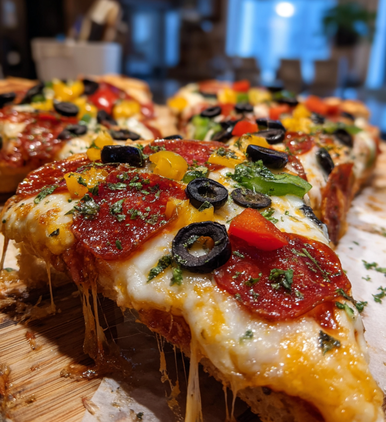 A pizza with pepperoni, olives, and cheese.