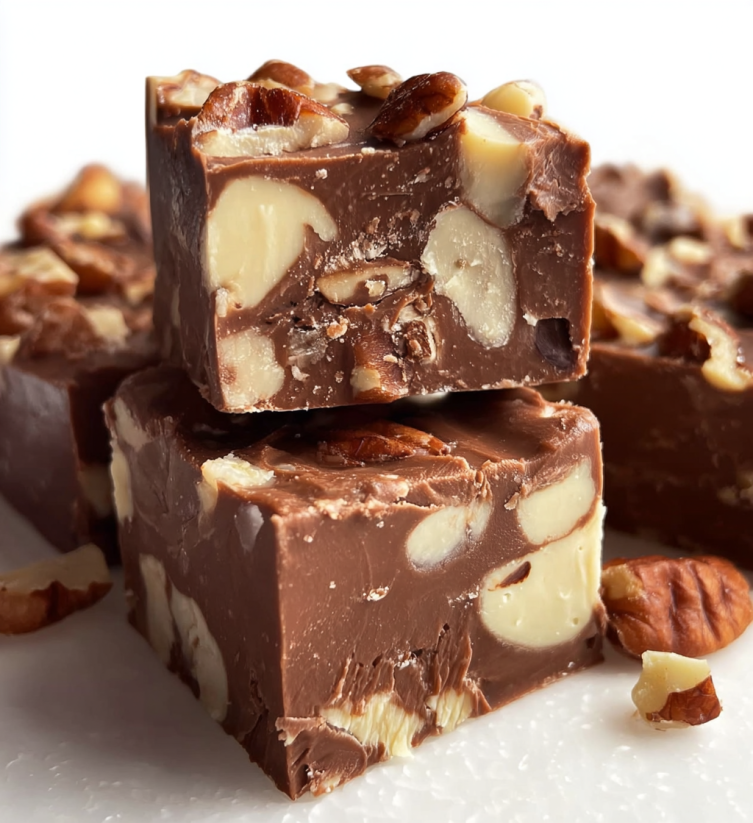 A close up of a piece of chocolate fudge with nuts.