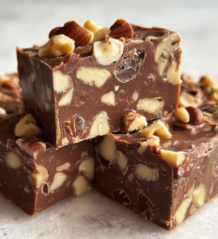 A square of chocolate fudge with nuts on top.