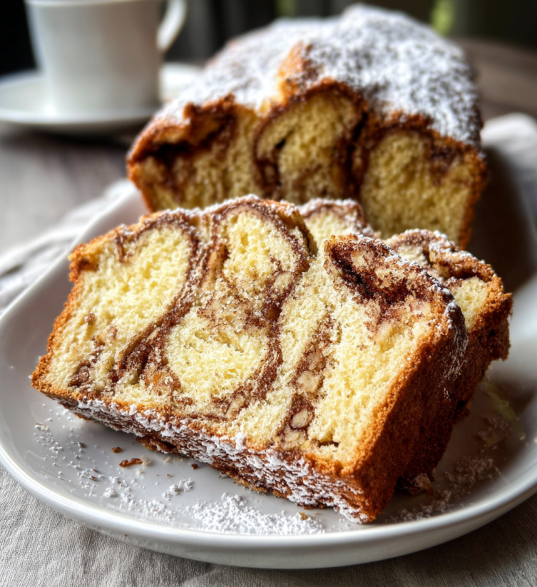 A slice of bread with chocolate and powdered sugar on it.