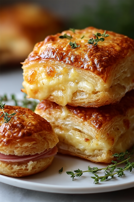A stack of ham and cheese butter swim biscuits.