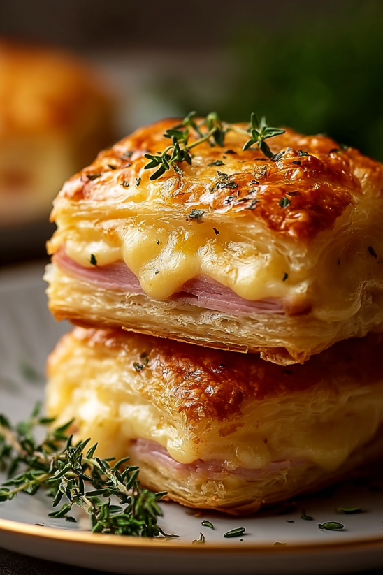 Two pieces of ham and cheese butter swim biscuits.