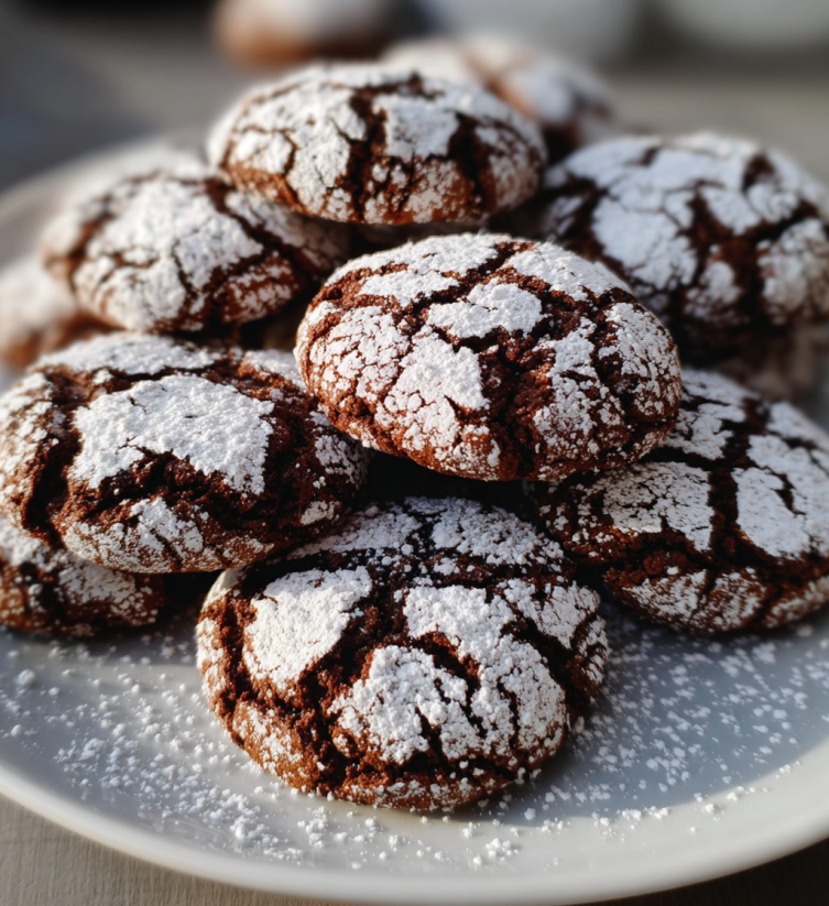 A plate of chocolate cookies with white powdered sugar on top.