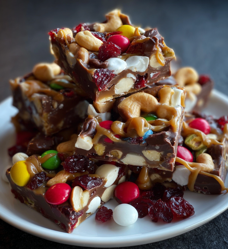 A stack of candy bars with various toppings.