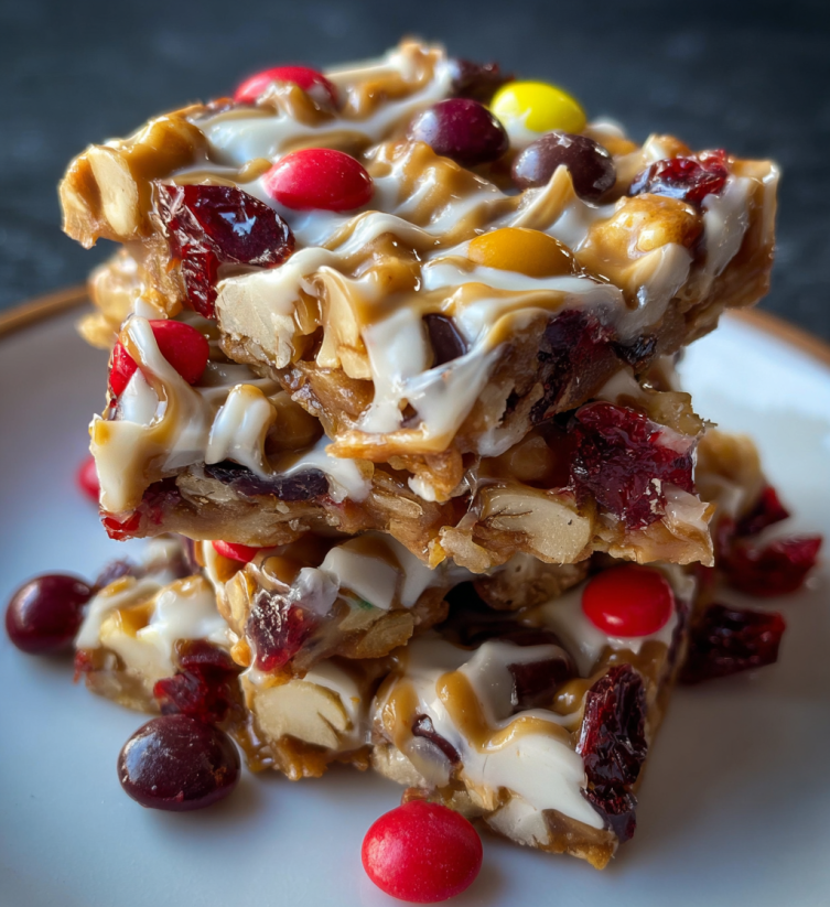 A stack of candy bars with white icing and red and green candies.