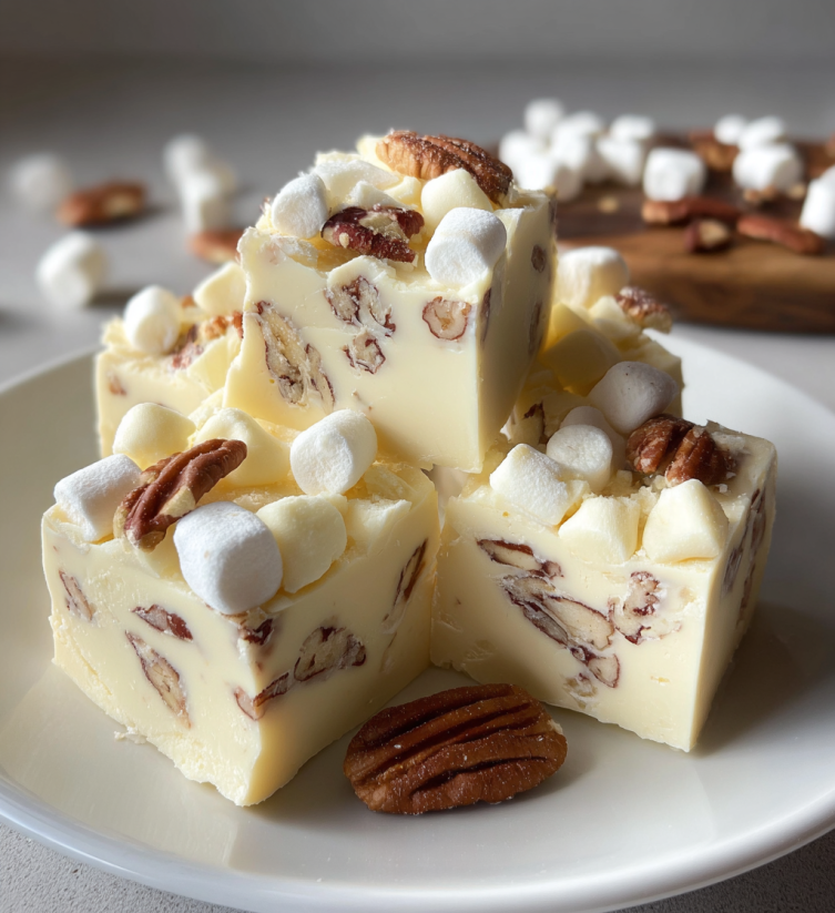 A white plate with a piece of white christmas fudge.