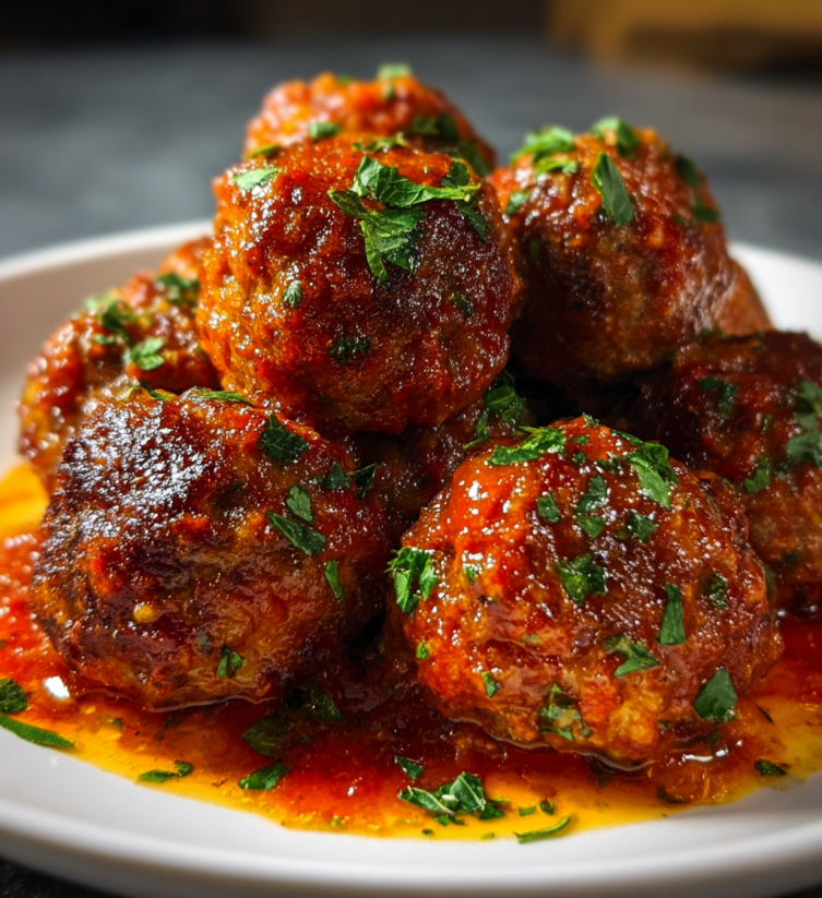 A plate of meatballs with sauce on it.