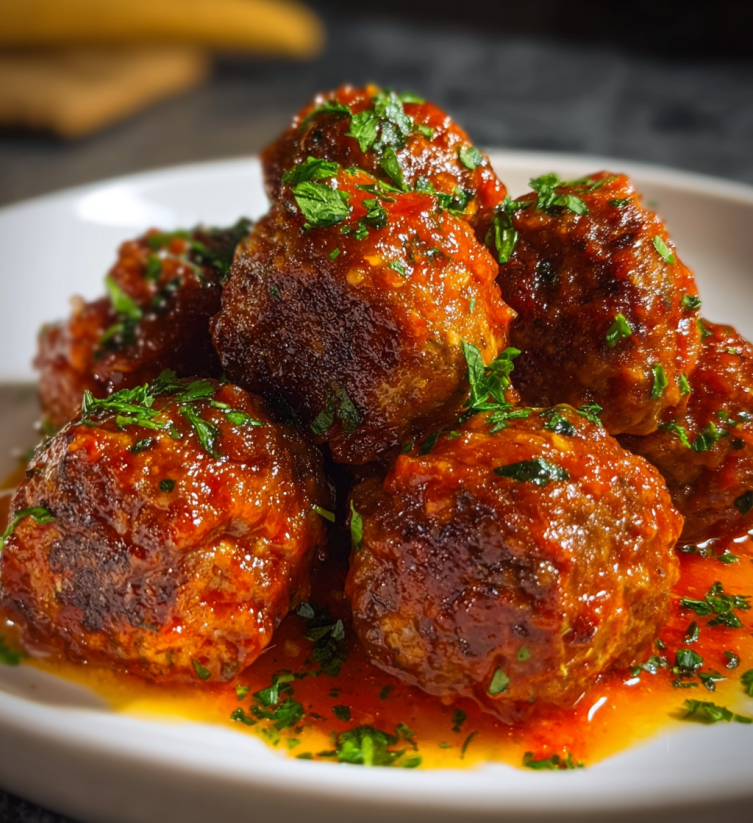A plate of meatballs with sauce on it.
