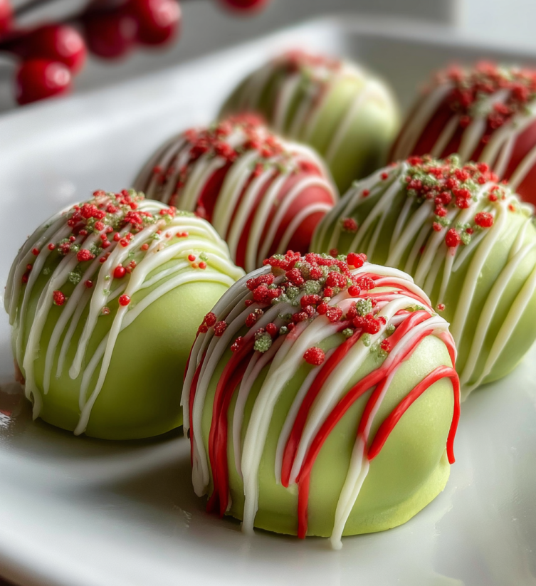 A plate of green and red truffles.