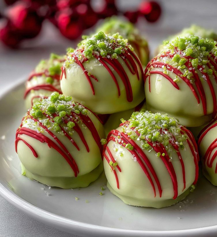 A plate of Grinch Christmas Truffles.