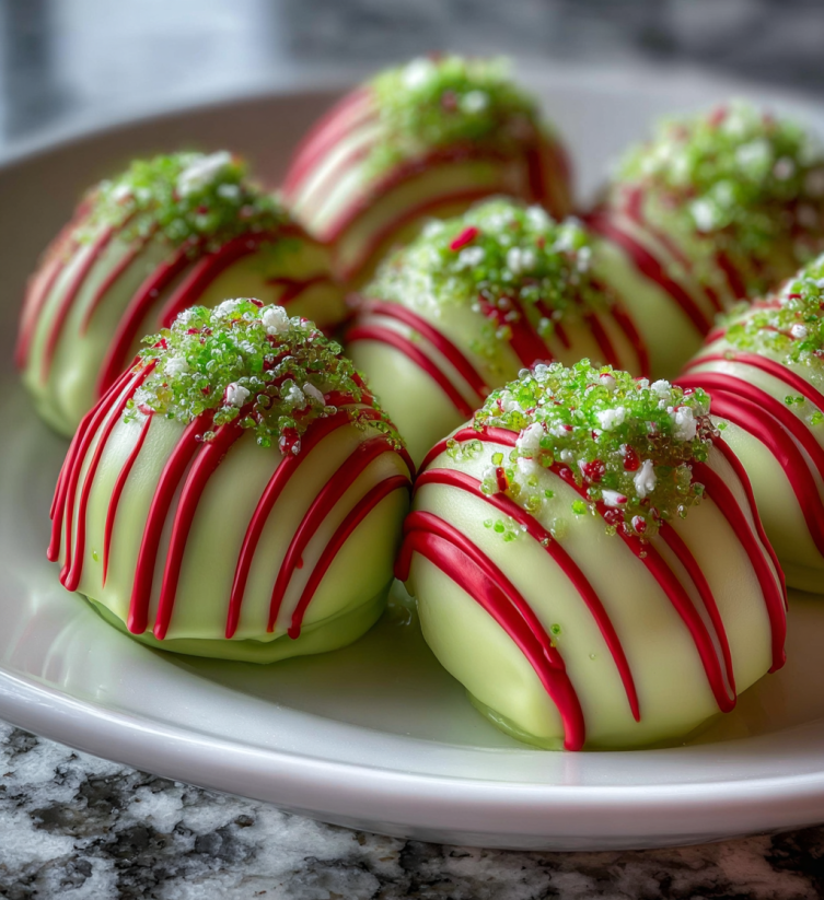 A plate of chocolate truffles with red and green toppings.