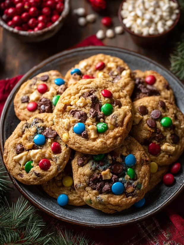 A plate of Christmas Kitchen Sink Cookies.