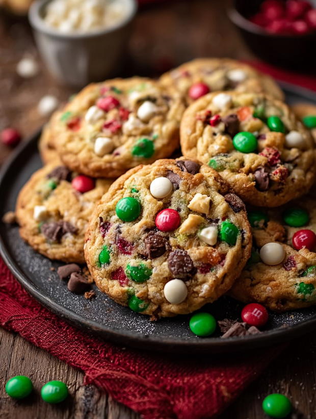 A plate of Christmas Kitchen Sink Cookies.