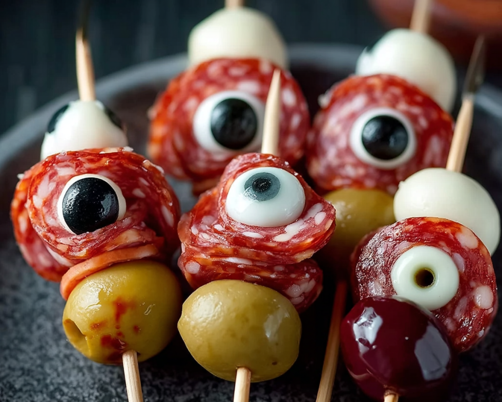 A plate of food with eyeballs on it.