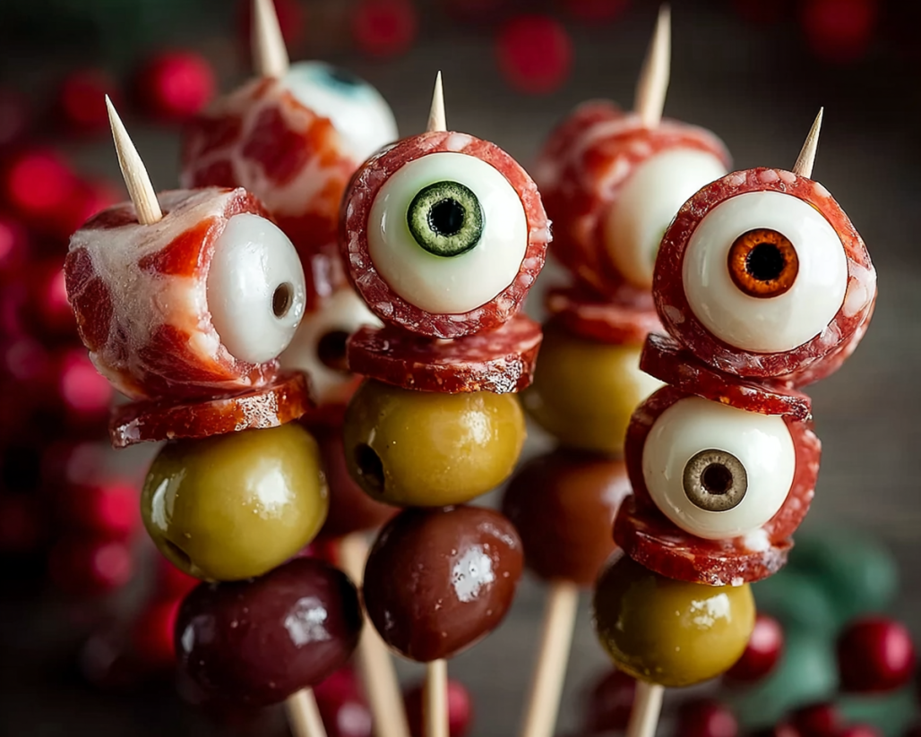 A close up of a salami mozzarella eyeball.