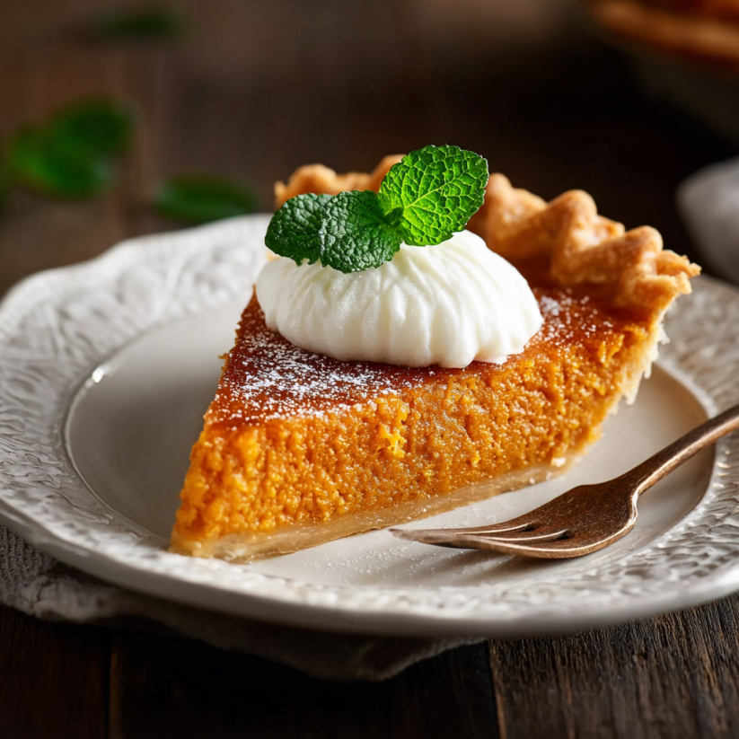 A slice of sweet potato pie with whipped cream on top.
