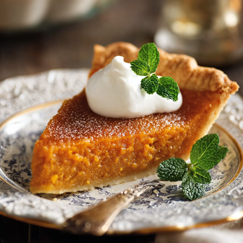A slice of sweet potato pie with whipped cream on top.