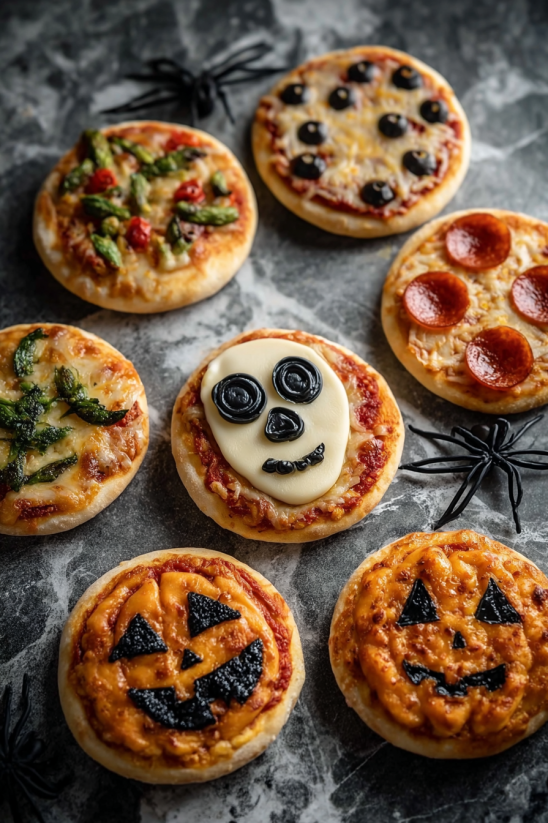 A collection of mini pizzas with different toppings, including a pizza with a face on it.