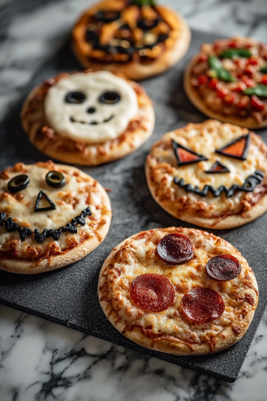 Mini pizzas with faces on them.