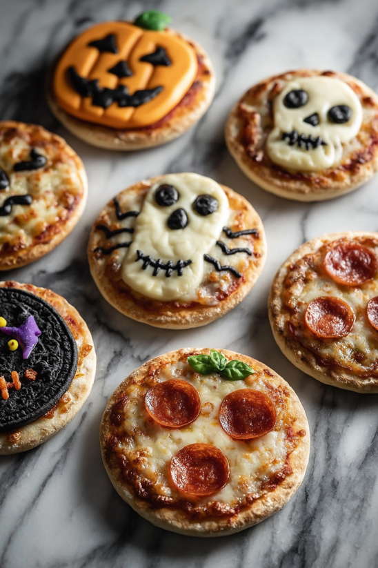 A collection of mini pizzas with Halloween decorations.
